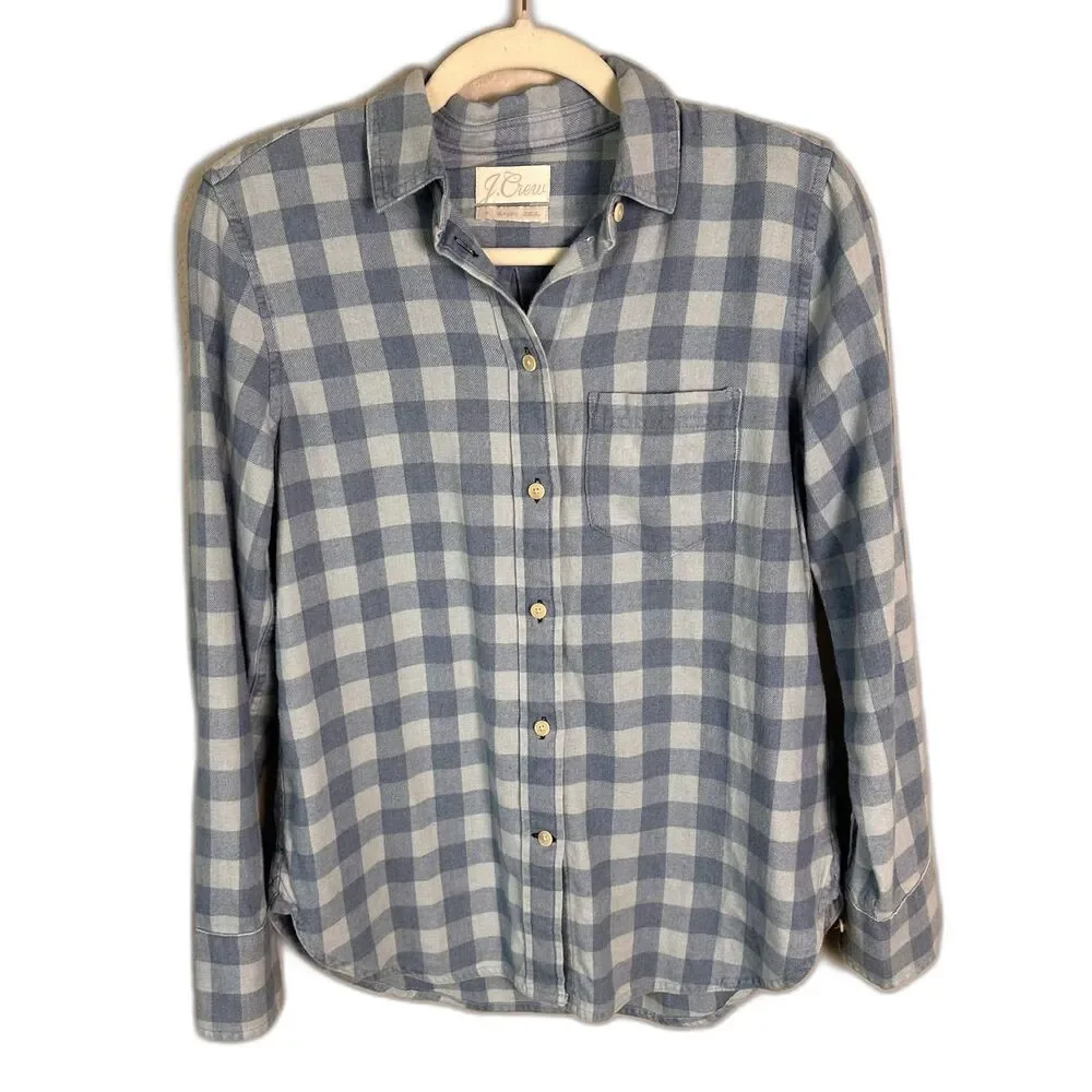 J.Crew Blue Gingham Buffalo Check Flannel Button Down Shirt Classic Fit Size 0